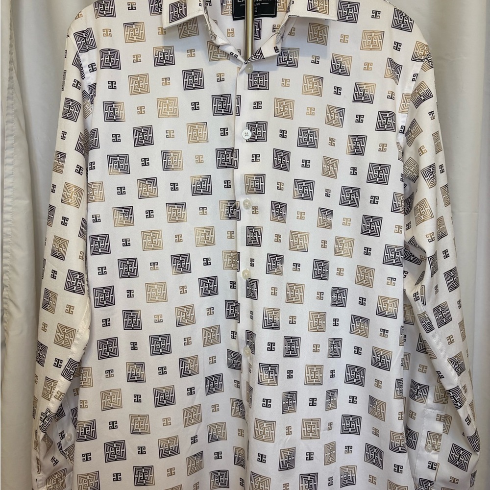 Lamasini Mens L Button Down Long Sleeve Black and Gold Geometric‎ Funky Retro